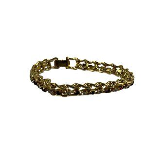 Gold Tone Red Clear Rhinestones Chain Bracelet 6.5" Delicate